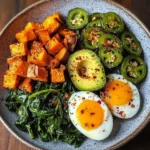 Avocado Power Plate with Jammy Eggs, Spinach & Sweet Potatoes