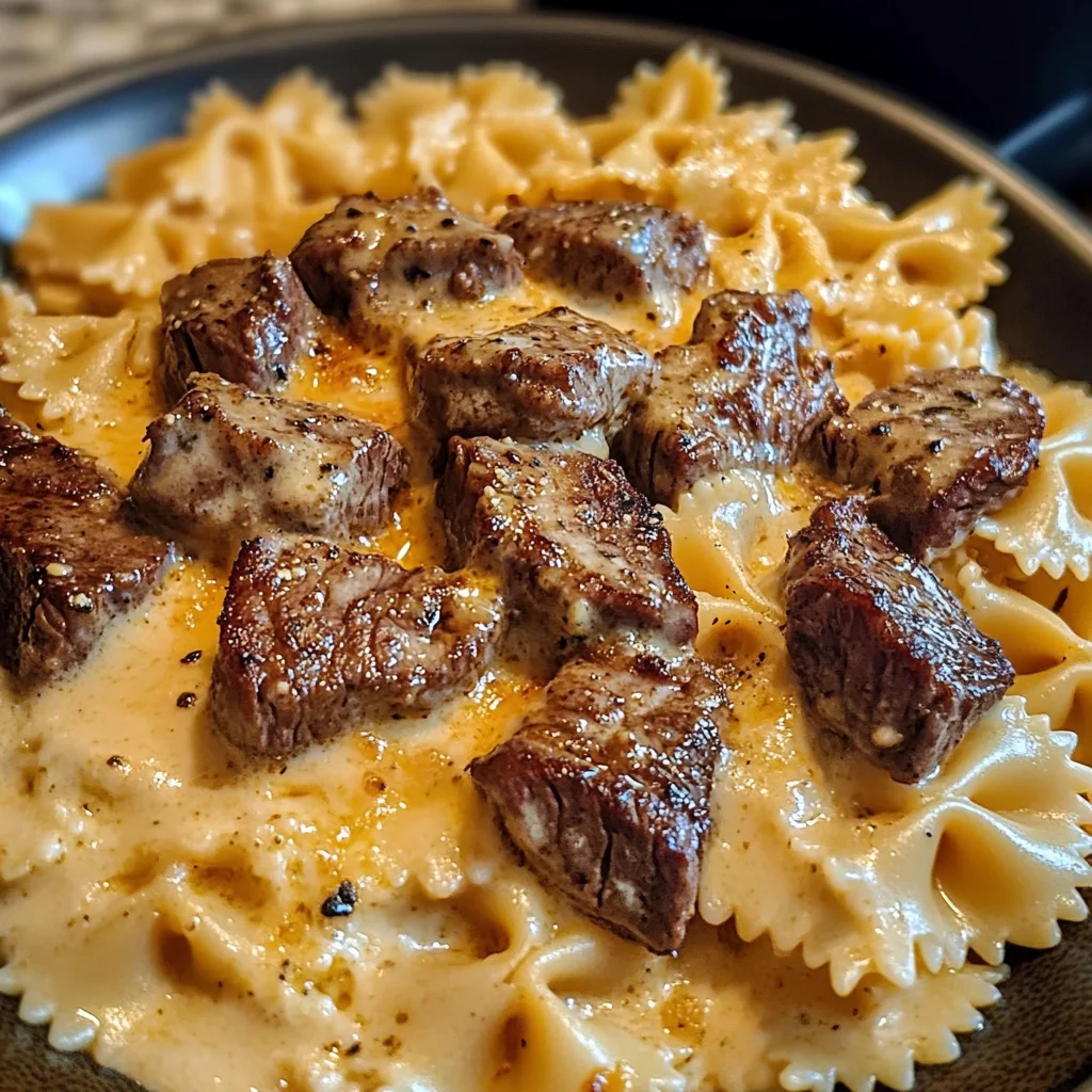 Cajun Steak Tips with Cheesy Parmesan Bowtie Pasta