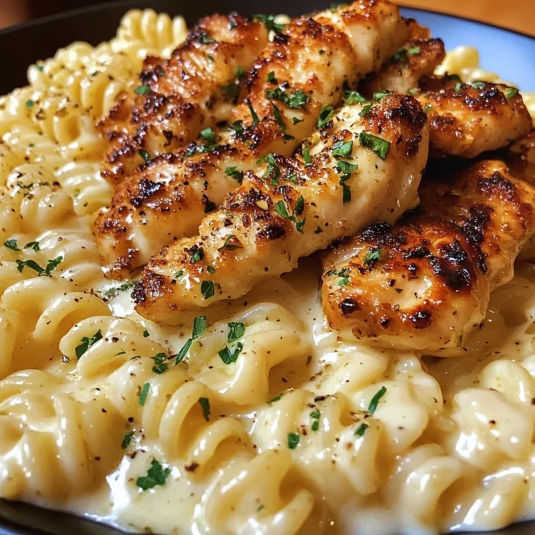 Cheesy Rotini Alfredo with Garlic Chicken Strips