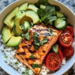 Honey-Glazed Salmon Bowl with Rice, Avocado, Cucumber & Tomato Herb Salad
