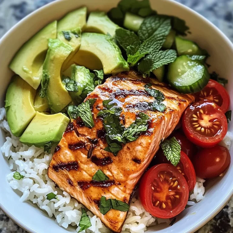 Honey-Glazed Salmon Bowl with Rice, Avocado, Cucumber & Tomato Herb Salad