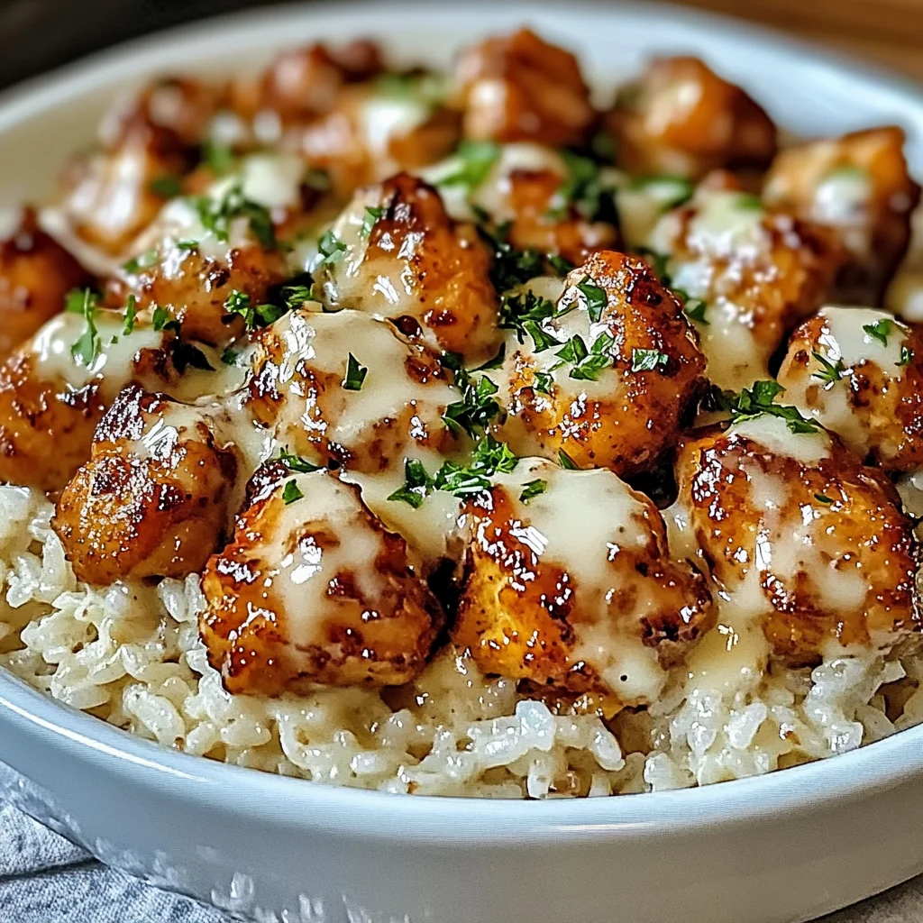 Honey Garlic Chicken Bites Over Creamy Rice