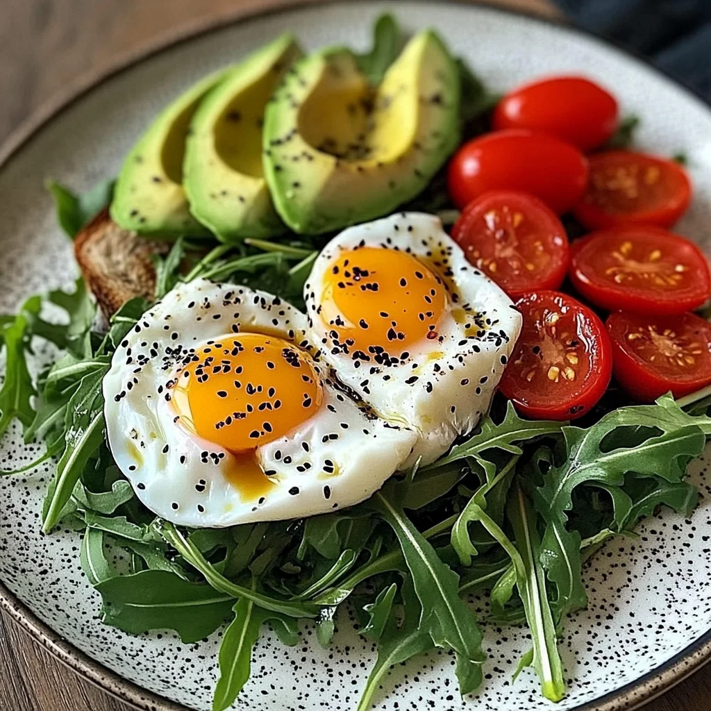Poached Egg & Arugula Salad with Avocado, Tomato & Cream Cheese Toast