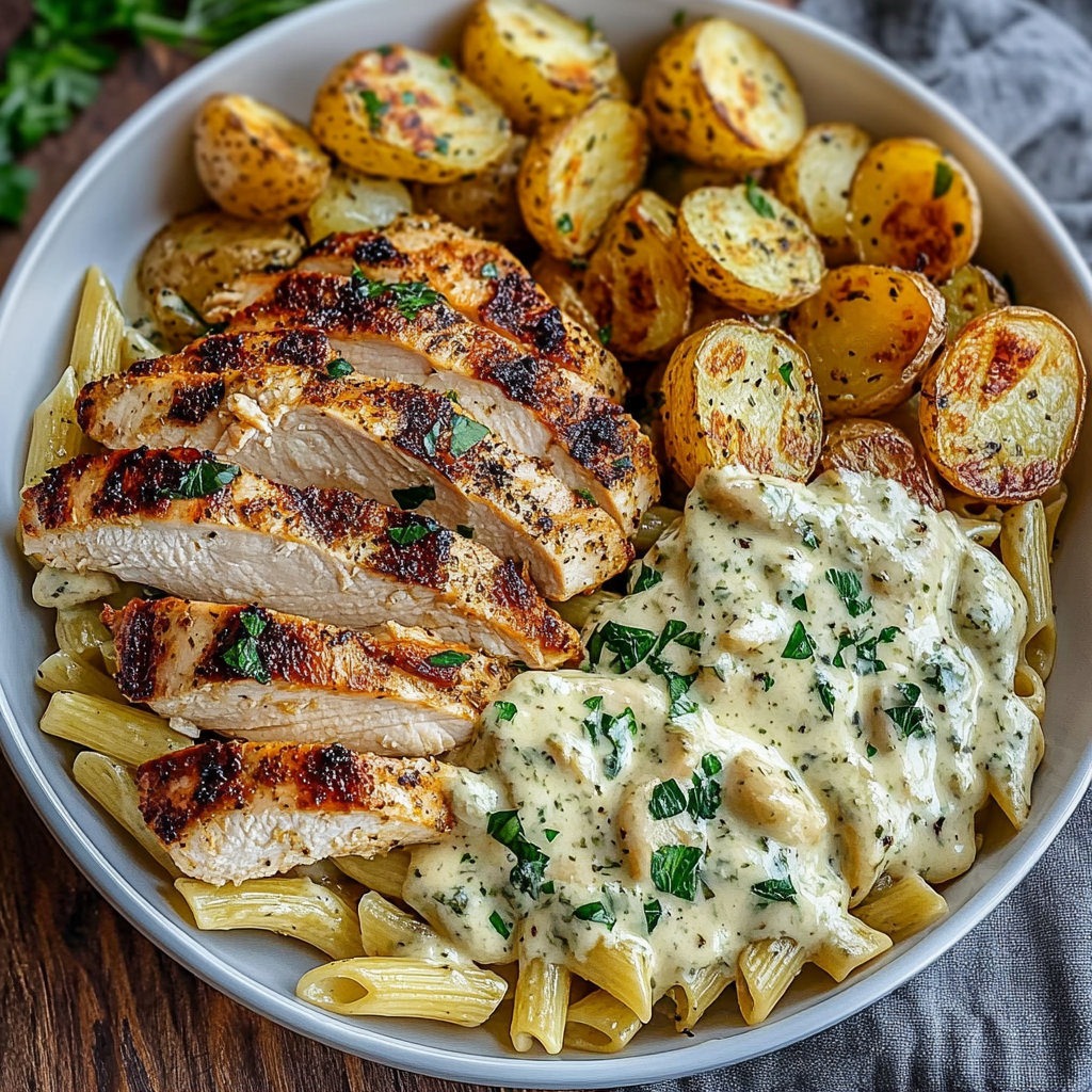 Creamy Herb Pasta with Grilled Chicken & Roasted Potatoes