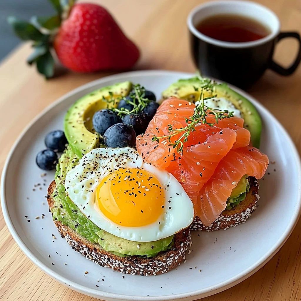 Smoked Salmon & Egg Avocado Toast Plate with Fresh Fruit & Tea