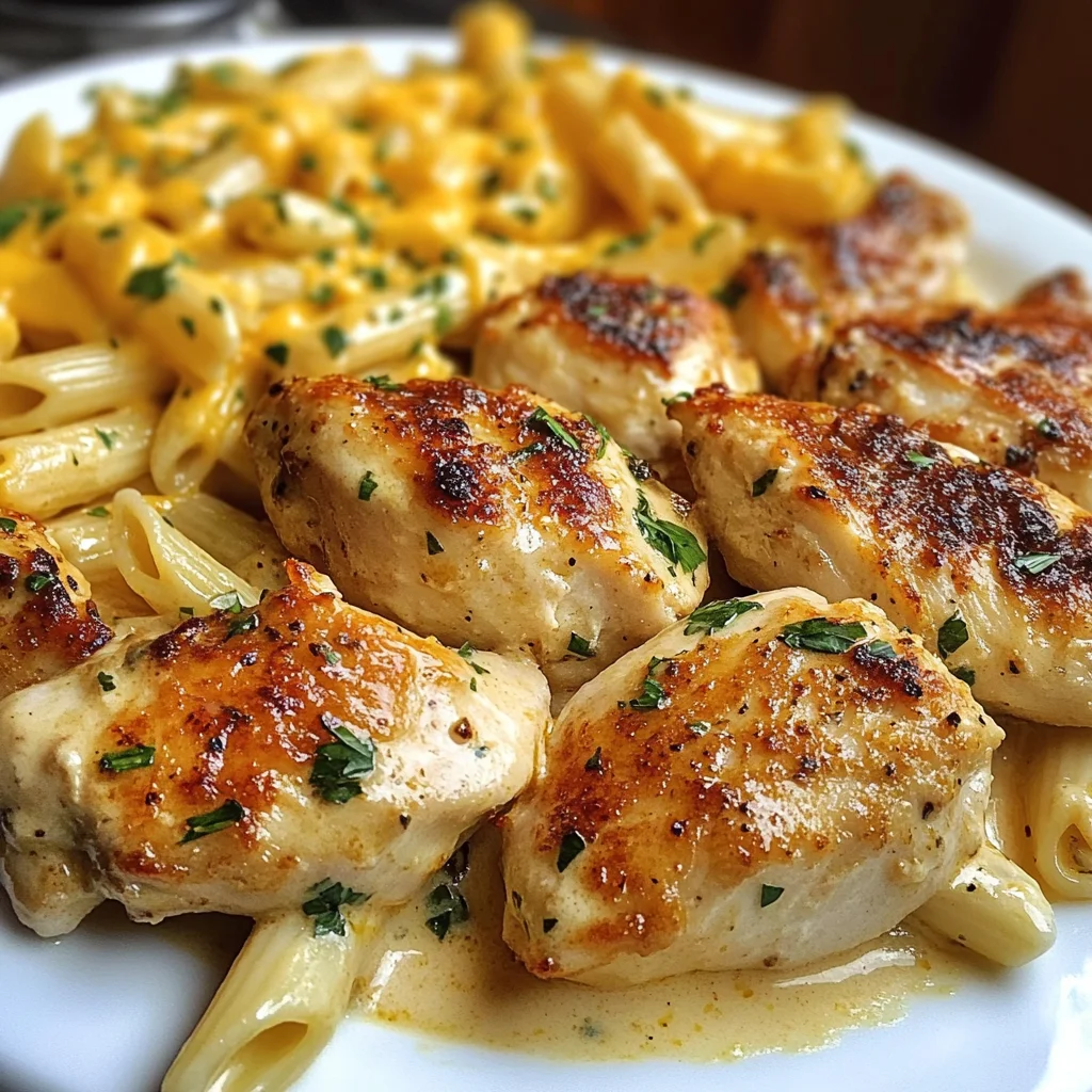 Creamy Garlic Butter Chicken with Cheesy Penne and Parmesan Sauce