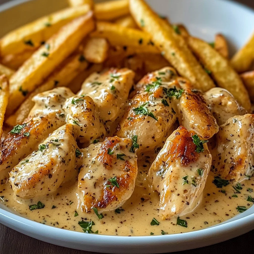 Creamy Garlic Herb Chicken with Crispy Fries