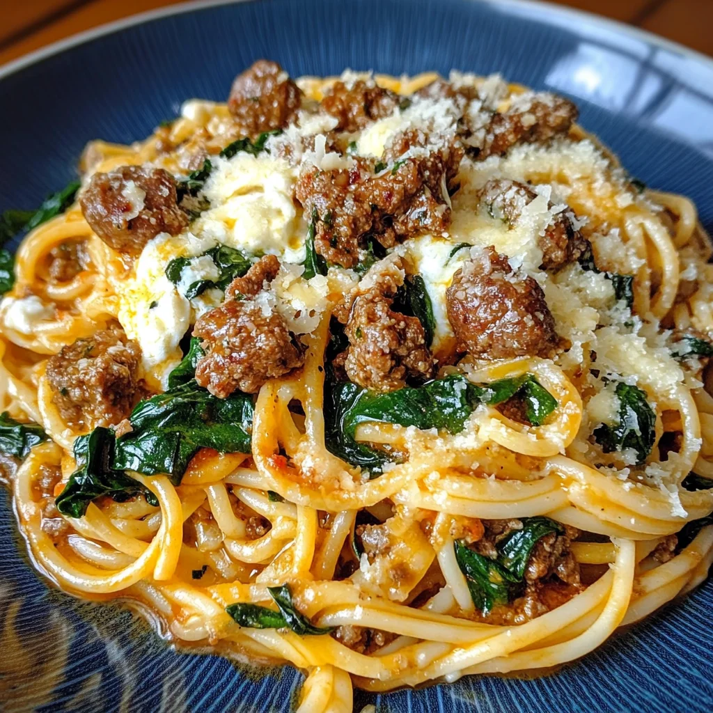 Garlic Butter Cheesy Linguine with Beef, Sausage and Spinach