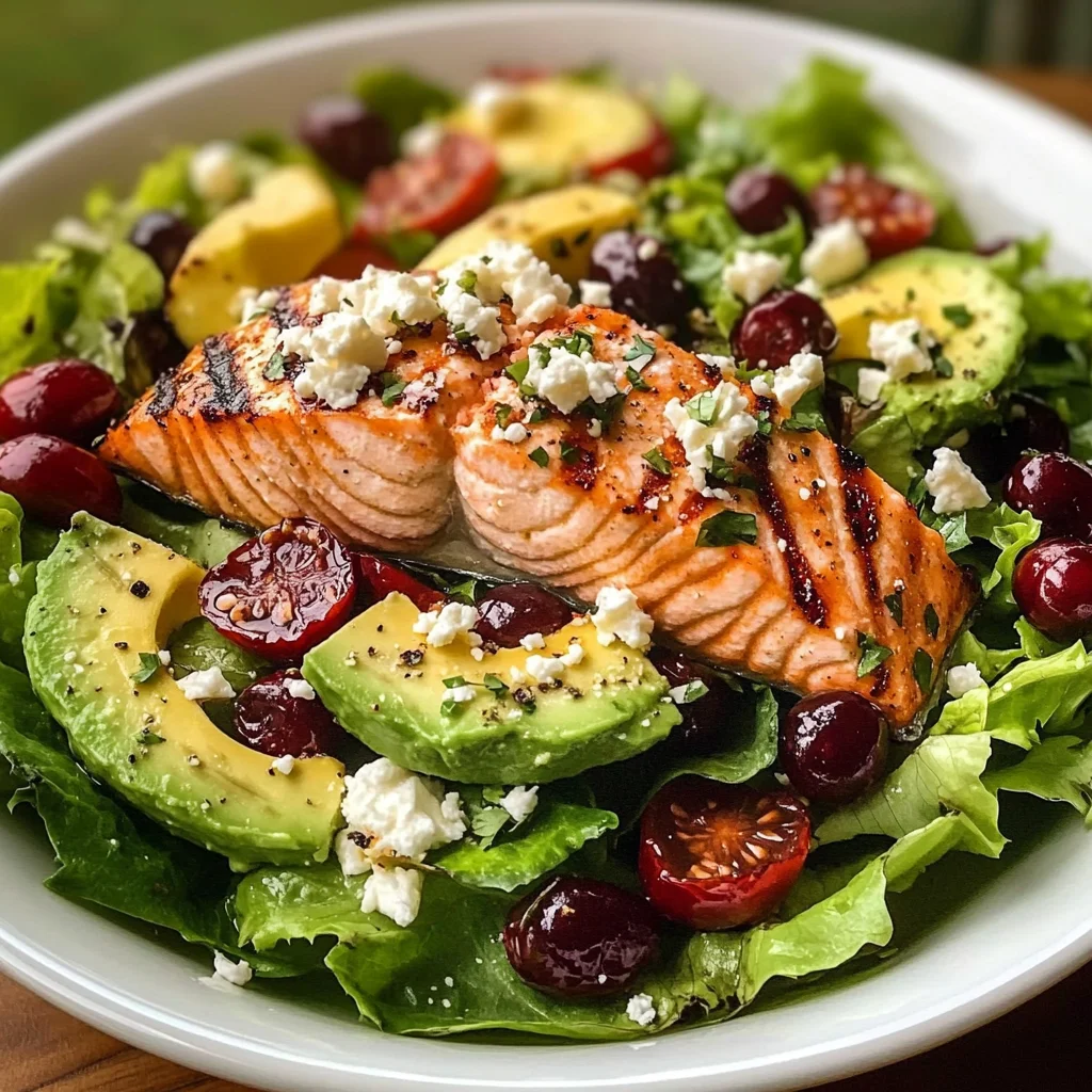 Grilled Salmon & Avocado Salad with Cranberries and Feta