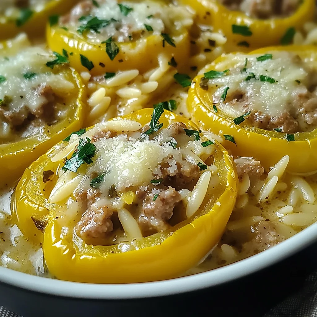 Savory Orzo Stuffed Banana Peppers Soup